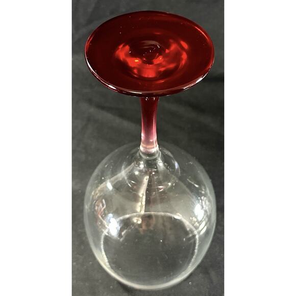 Hand Blown Wine Glass Ruby Red Stem Clear Bowl 8.25” Vintage Goblet - Picture 7 of 7
